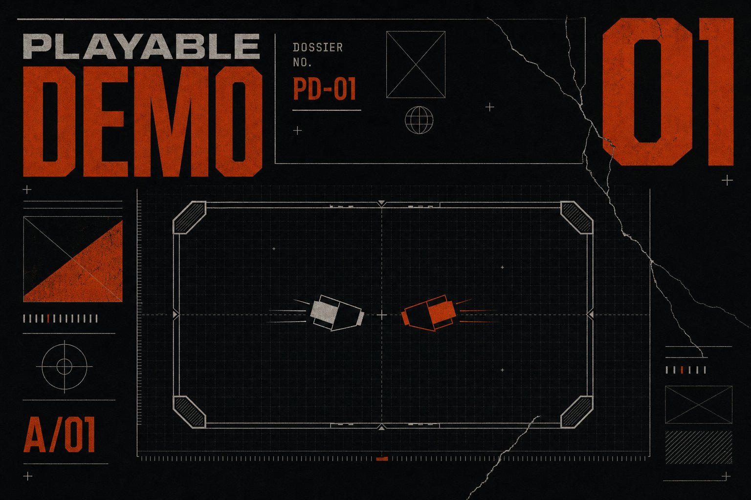Archive dossier plate PD-01, a top-down diagram of two cars colliding inside a bordered arena
