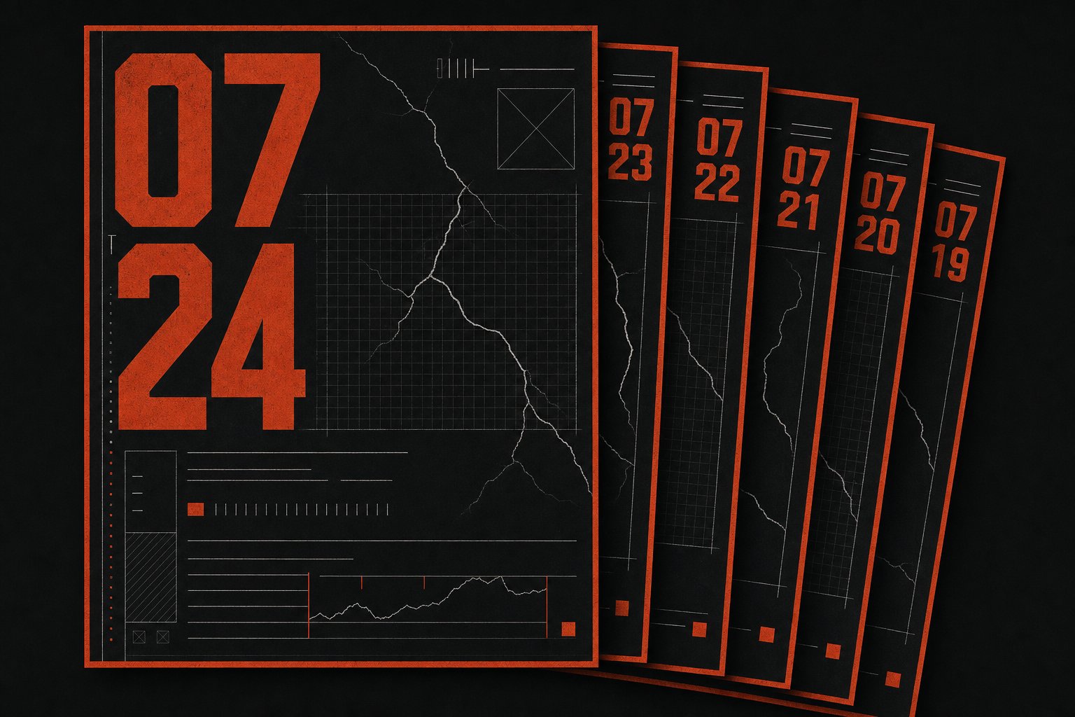 Archive dossier plate stamped 07/24, showing stacked dated report cards from the news index