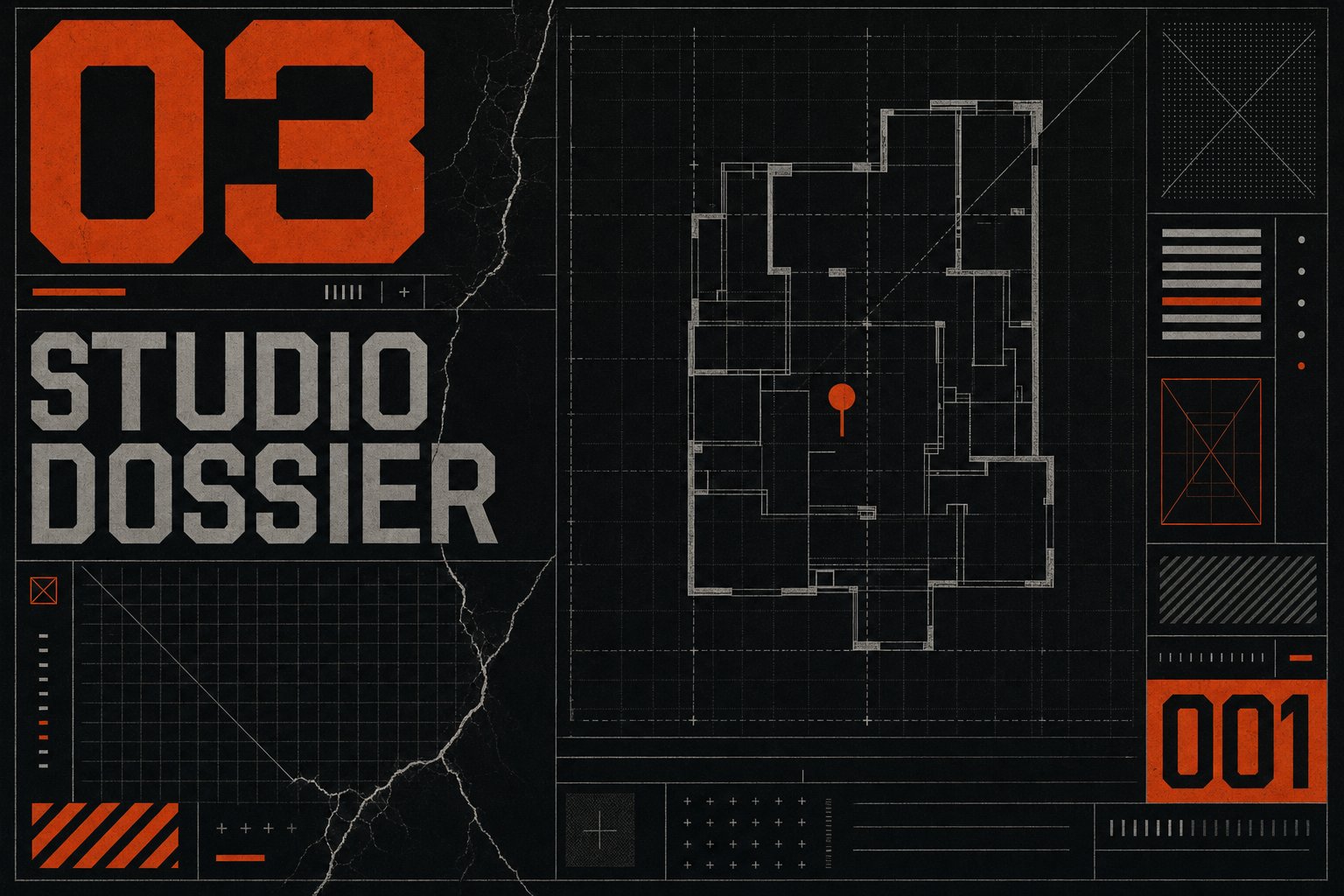 Archive dossier plate stamped 03, showing a cracked architectural floor-plan schematic