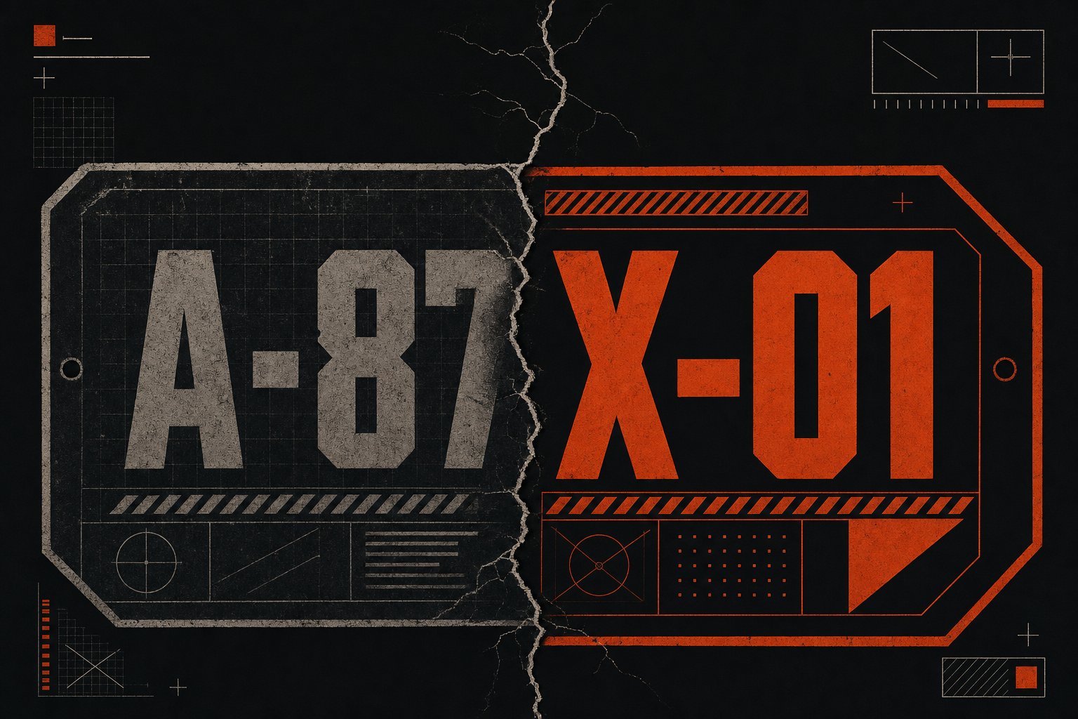 Archive dossier plate split between tags A-87 and X-01, marking the before/after of the rename