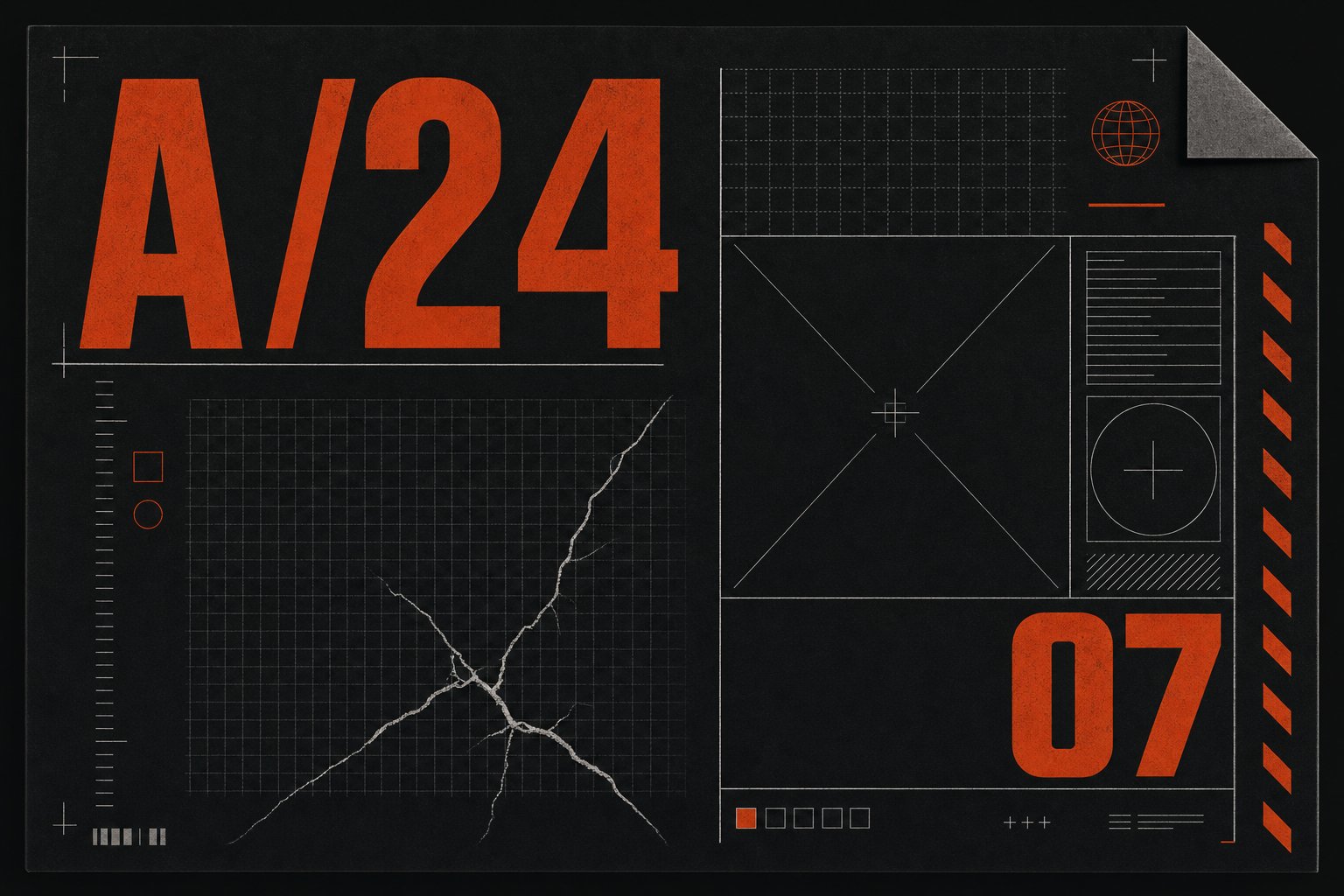 Archive dossier plate stamped A/24, showing a cracked technical grid and reference marks