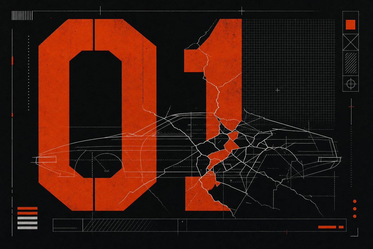 Archive dossier plate stamped 01, showing a cracked car-body wireframe over a technical grid