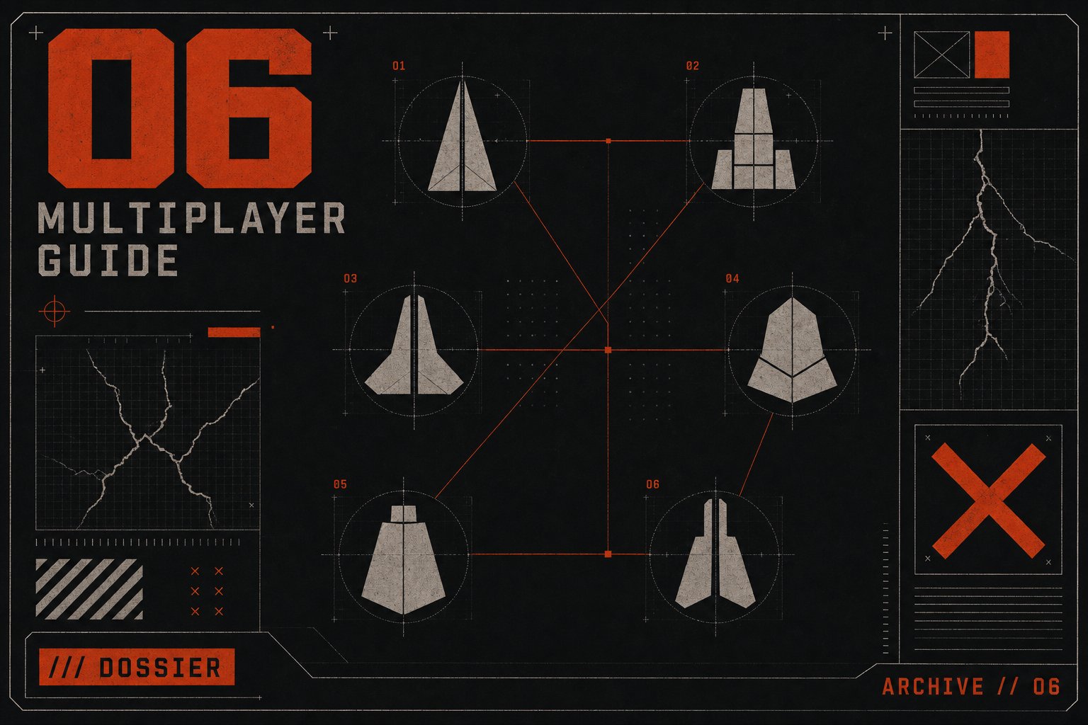 Archive dossier plate labeled 06 Multiplayer Guide, with six wireframe icons linked in a network diagram
