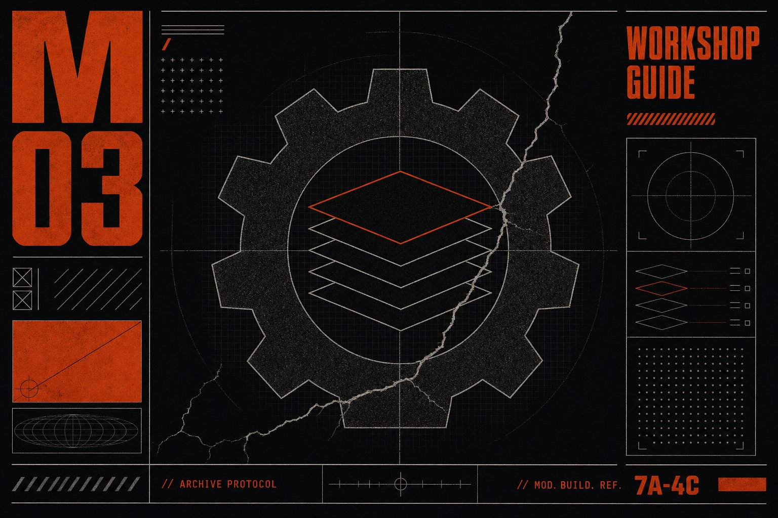 Archive dossier plate labeled M03 Workshop Guide, showing a cracked gear-and-layer schematic